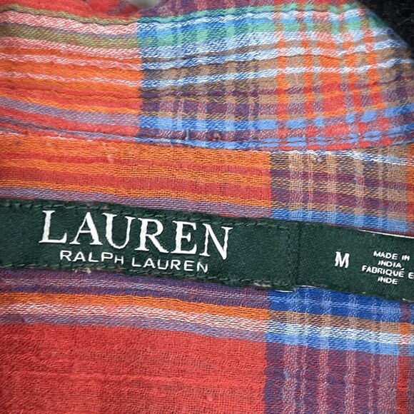 Ralph Lauren Womens Plaid Top Sz M Multi Rainbow 100% Cotton Crinkle Blouse - Picture 5 of 9